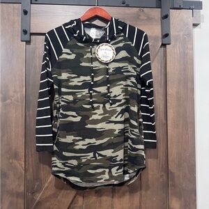 Camouflage Hoodie with Black and White Striped Sleeves